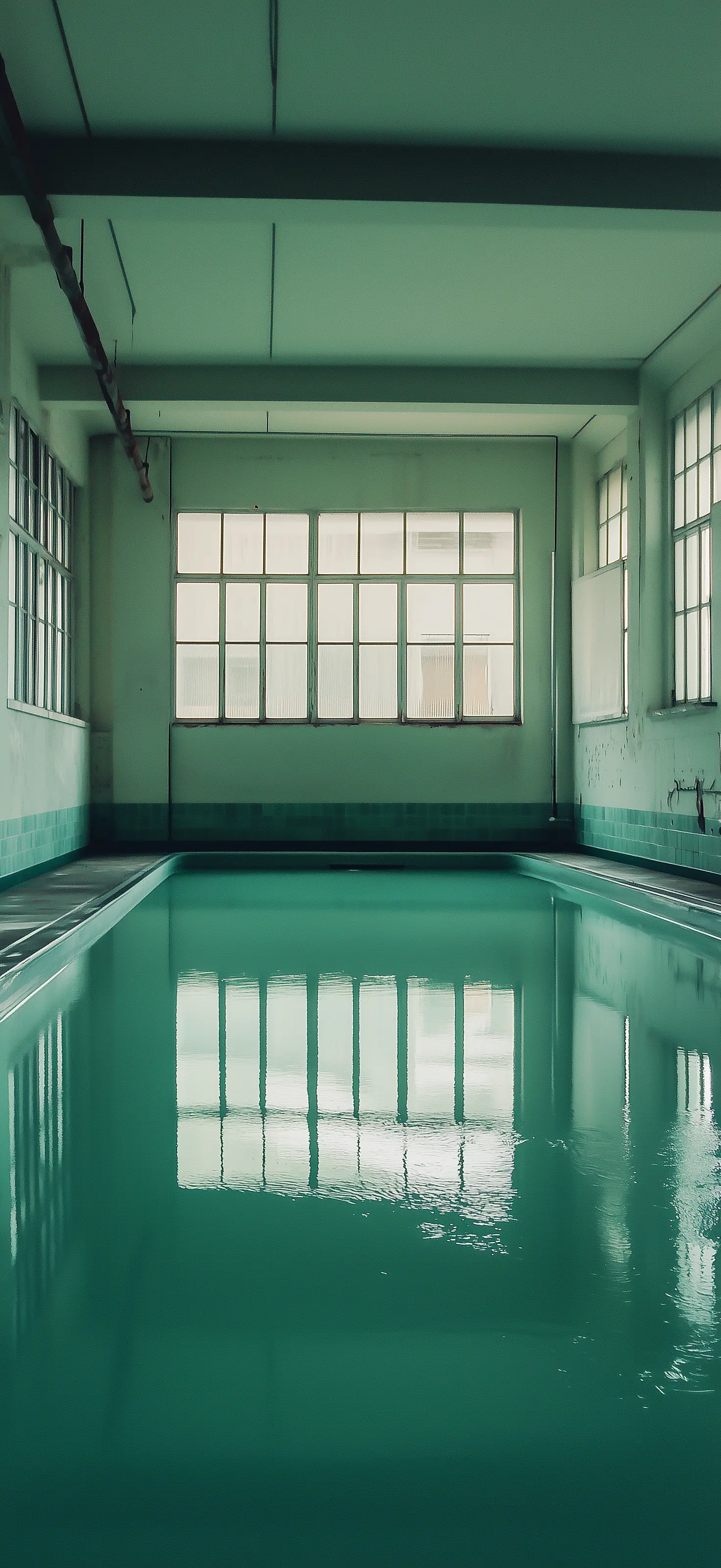 In the abandoned natatorium, silence became another shade of green—collecting echoes of splashes that would never again disturb its surface Abandoned mint green indoor swimming pool with perfect reflections in still water and large windows