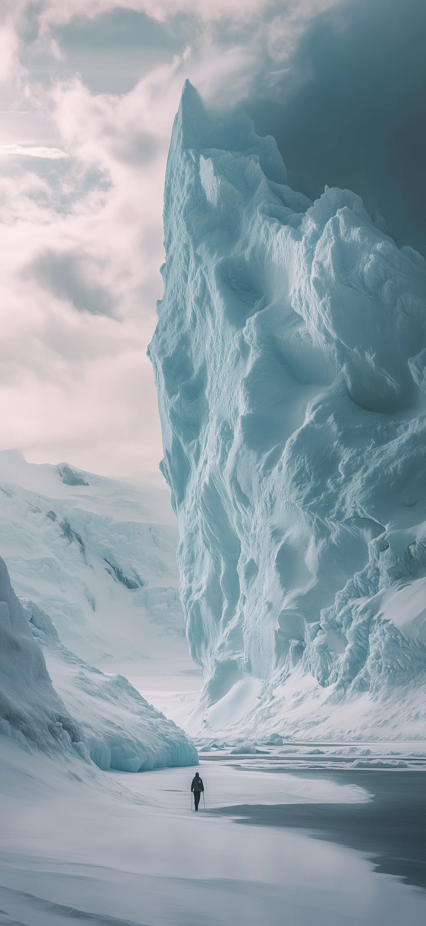 The ancient ice does not care for our fleeting existence, yet still it carves itself into monuments for us to witness Tiny solitary explorer facing massive towering ice formation in pristine arctic landscape