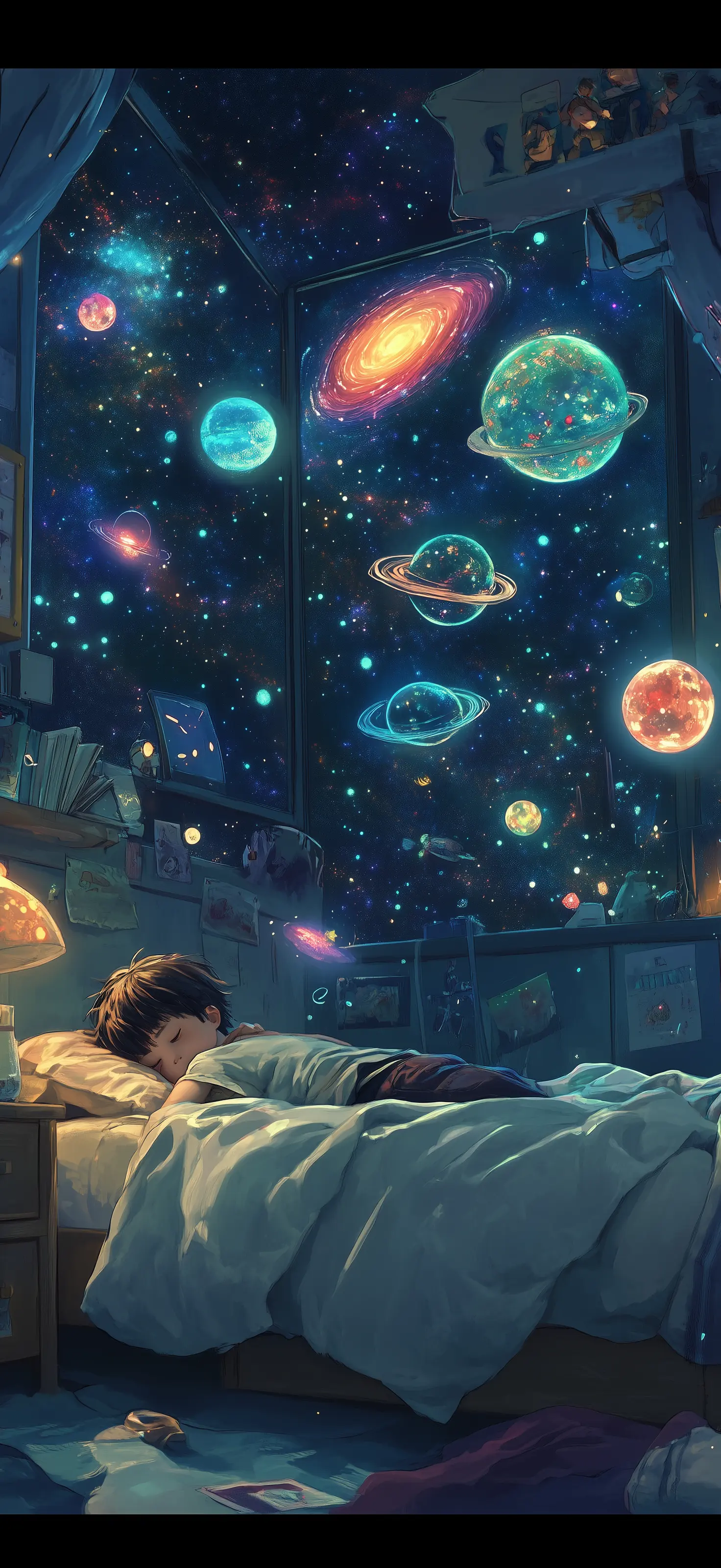 Tonight I trade my ceiling for infinity, my nightmares for stardust, my loneliness for cosmic companionship Boy sleeping peacefully in bed beneath magical cosmic galaxy ceiling with colorful planets and nebulae