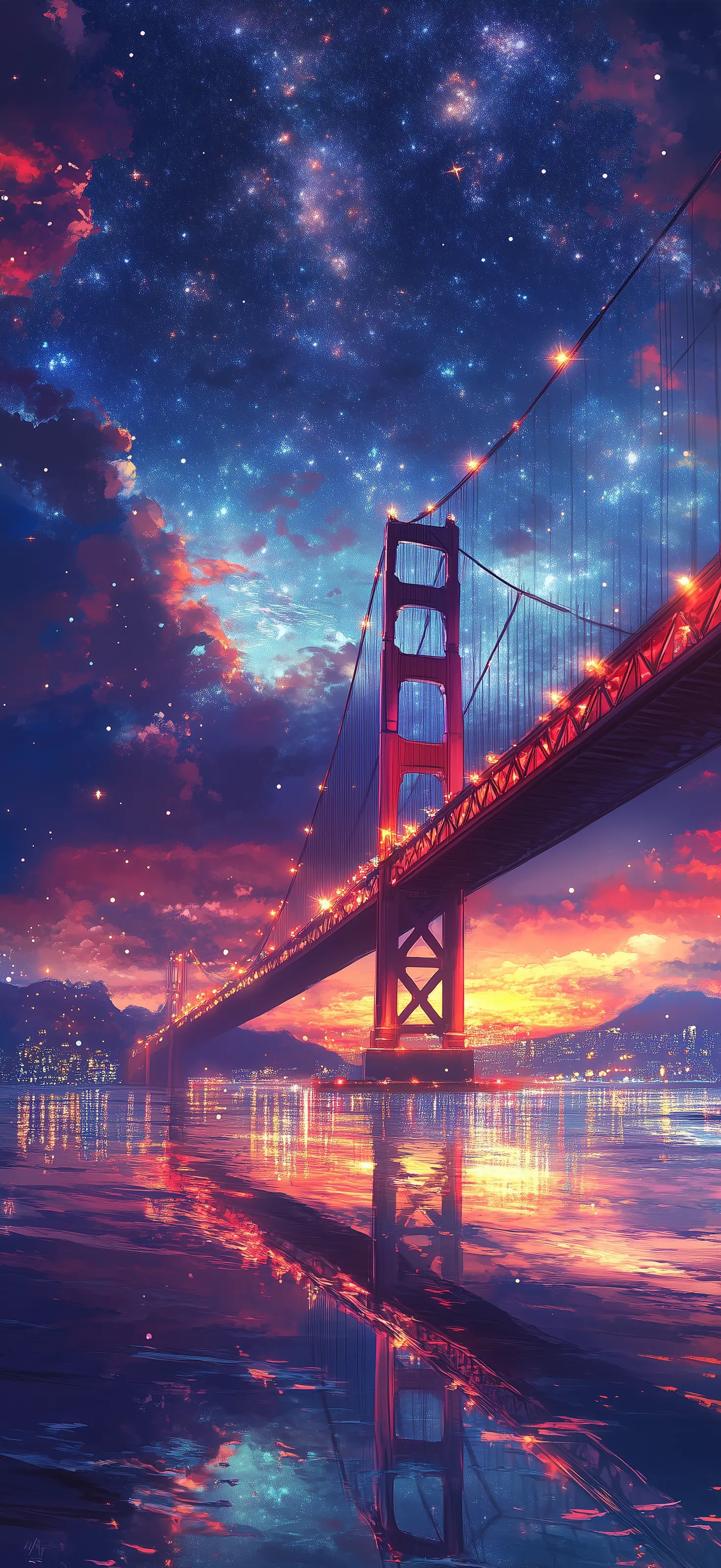 I used to believe stars were unreachable until I saw them tangled in the suspension wires of human ambition Golden Gate Bridge under cosmic starry sky with galaxy and sunset reflections in water