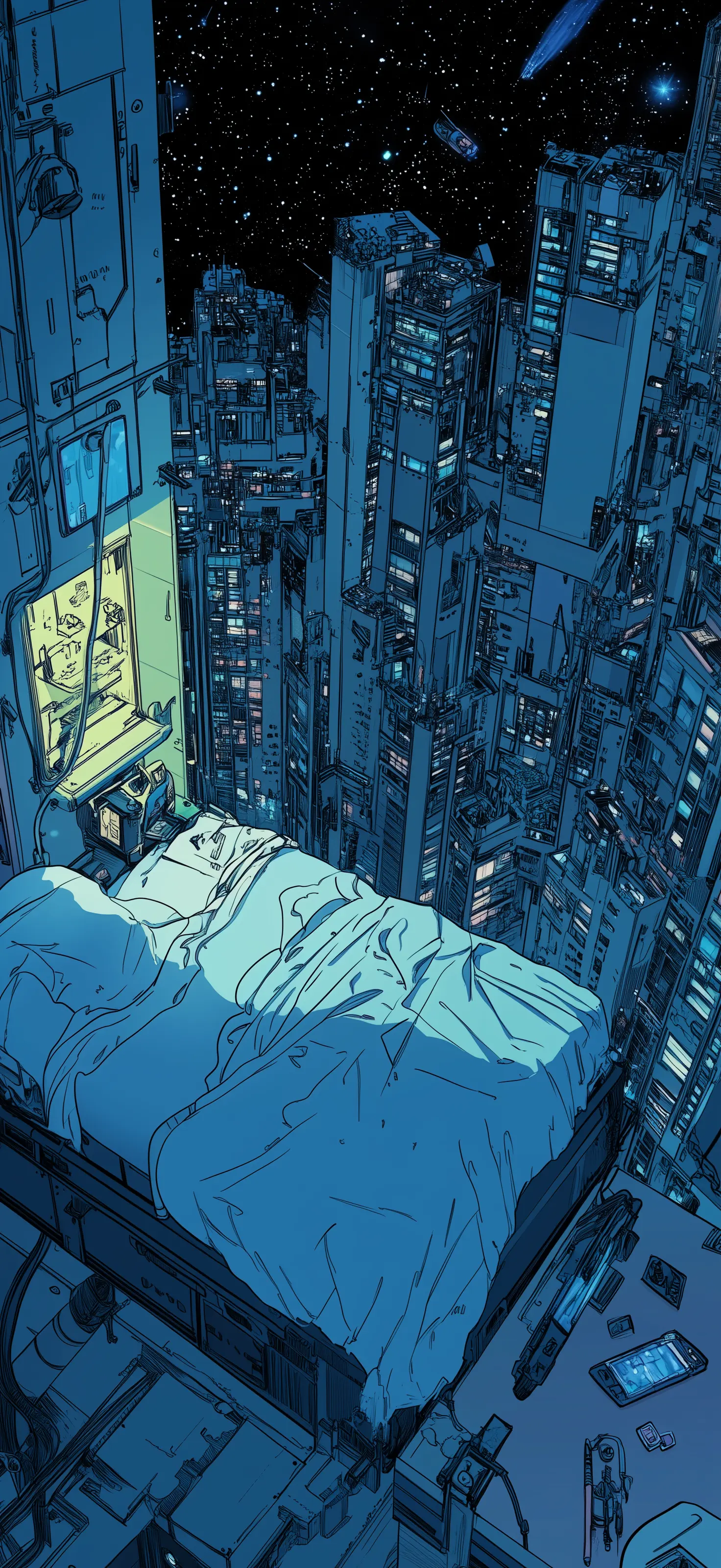 The city grew vertical until my mattress became just another ledge among countless others—each holding sleeping bodies like rare specimens Cyberpunk illustration of tiny blue apartment with bed overlooking massive vertical cityscape and starry sky