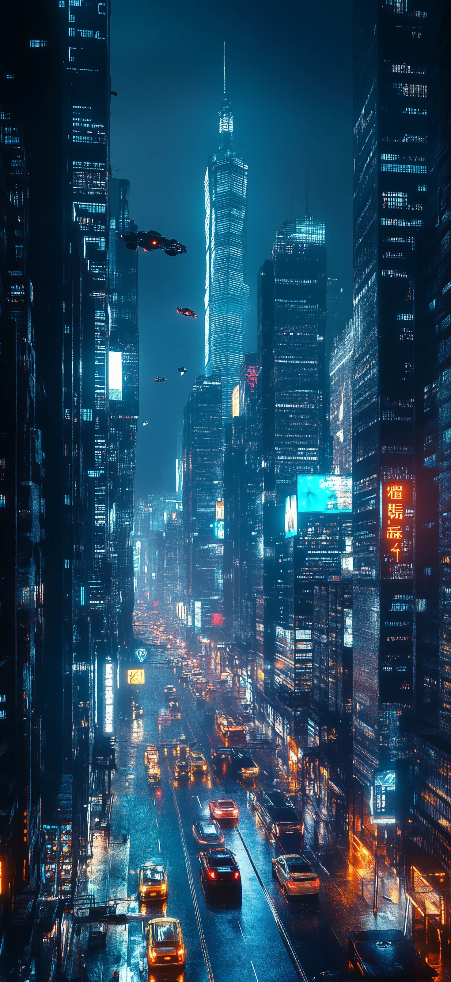 The architects of tomorrow forgot to leave room for the sky, so we learned to navigate oceans of light and steel instead Futuristic cyberpunk city with towering blue skyscrapers, flying vehicles, and illuminated streets below