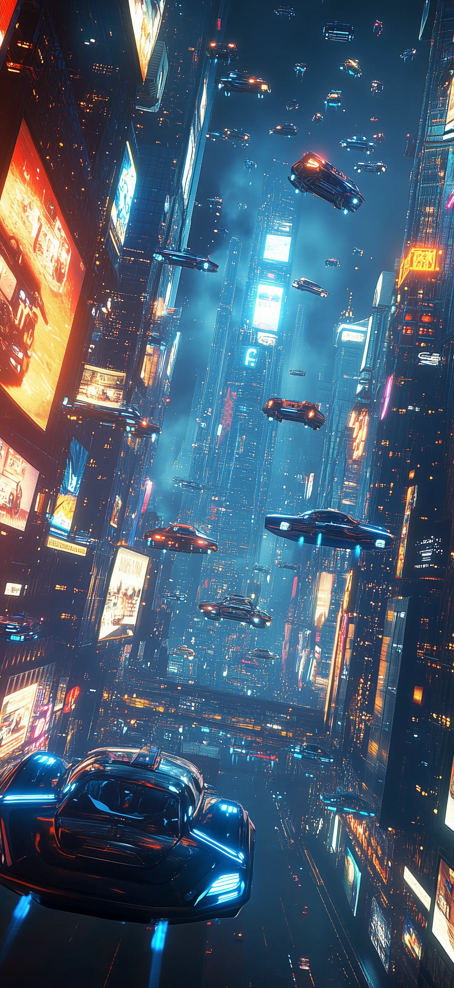 Between floors 1200 and 1500 is where the best noodle shops hover—just follow the steam and the ancient scent of spices through rivers of neon and exhaust Futuristic cyberpunk city with flying cars navigating between giant illuminated skyscrapers at night
