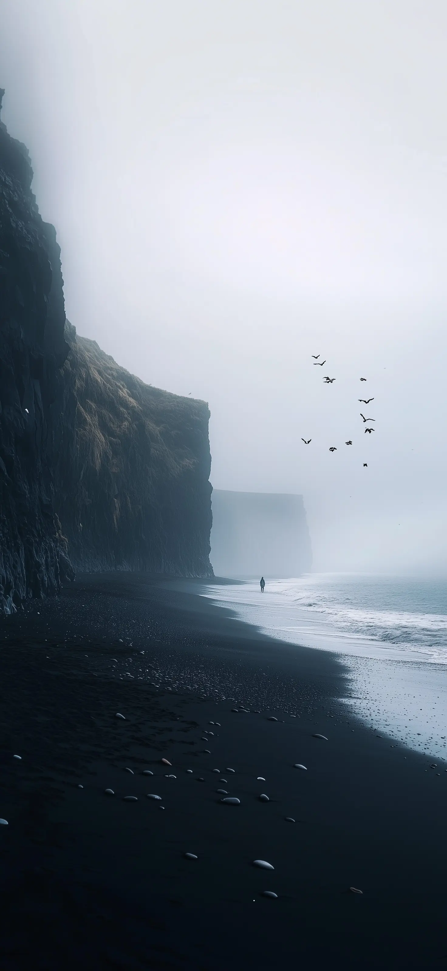 I came to the edge of the world to learn that solitude is not emptiness but the space where forgotten parts of ourselves return like birds through fog Solitary figure on misty black sand beach with towering cliffs and birds flying through fog