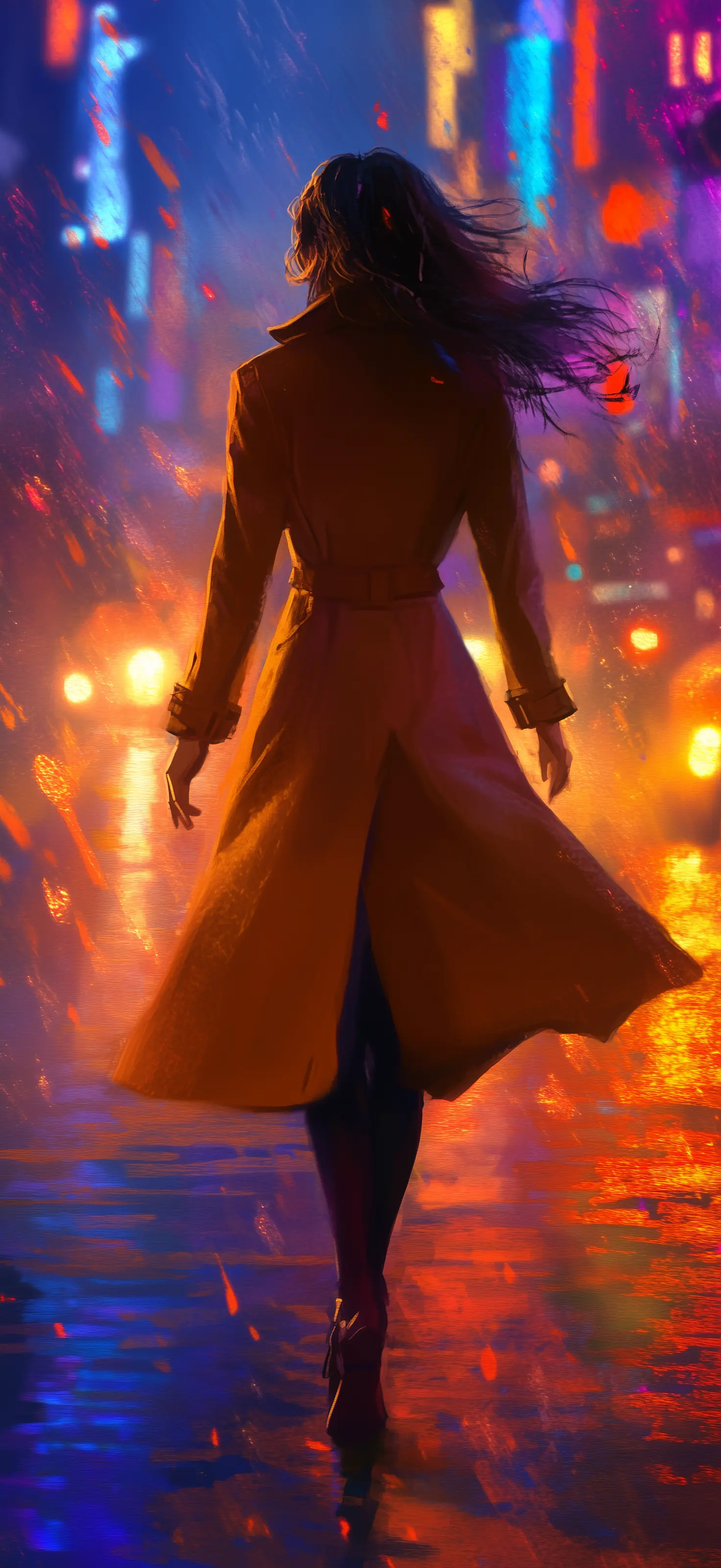 There is a particular kind of freedom that exists only at midnight, between streetlights, when the rain washes your past from your shoulders Woman in trench coat walking away on rainy neon-lit city street at night with colorful reflections