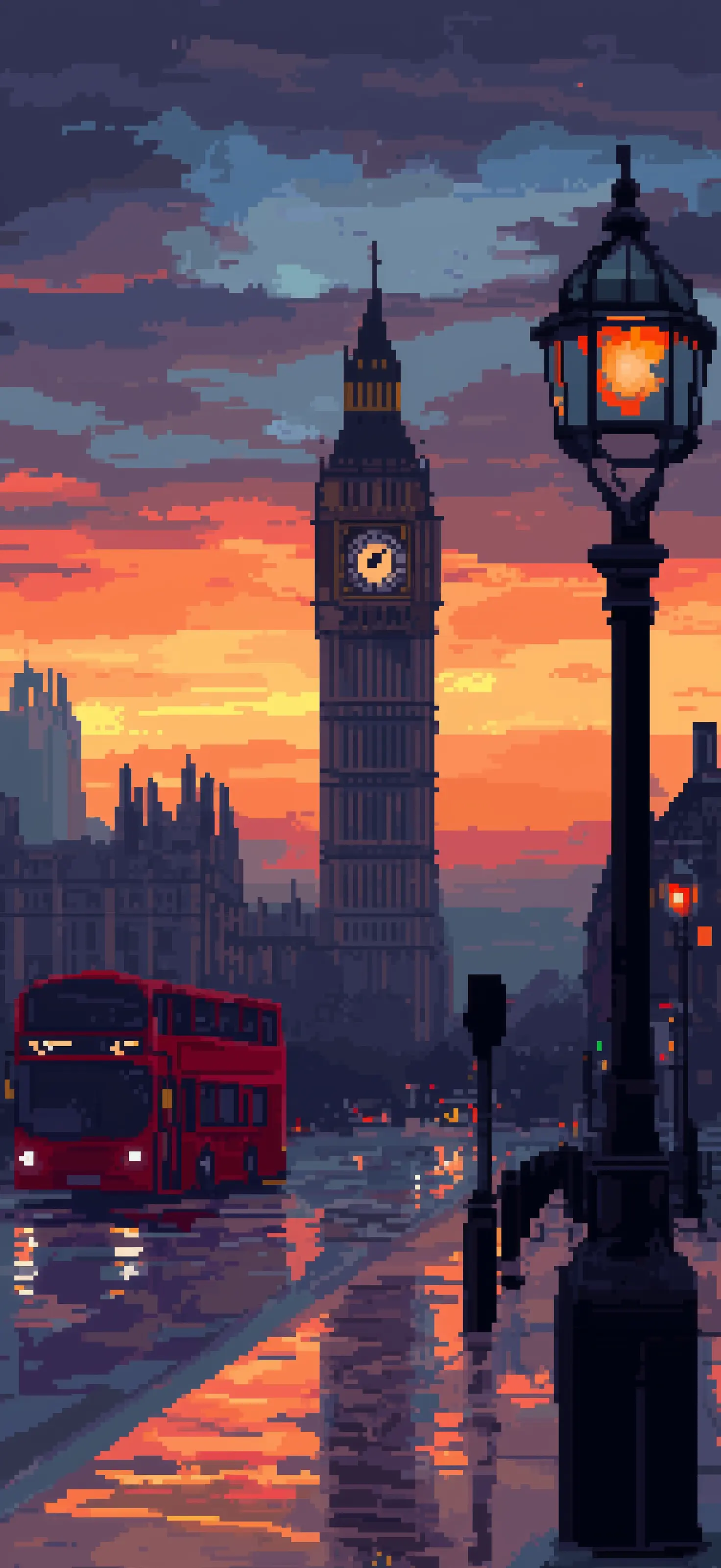 Between pixels and memories, London whispers stories to those who pause between heartbeats of a city that never truly sleeps Pixel art of London with Big Ben and red double-decker bus against orange sunset with street lamp
