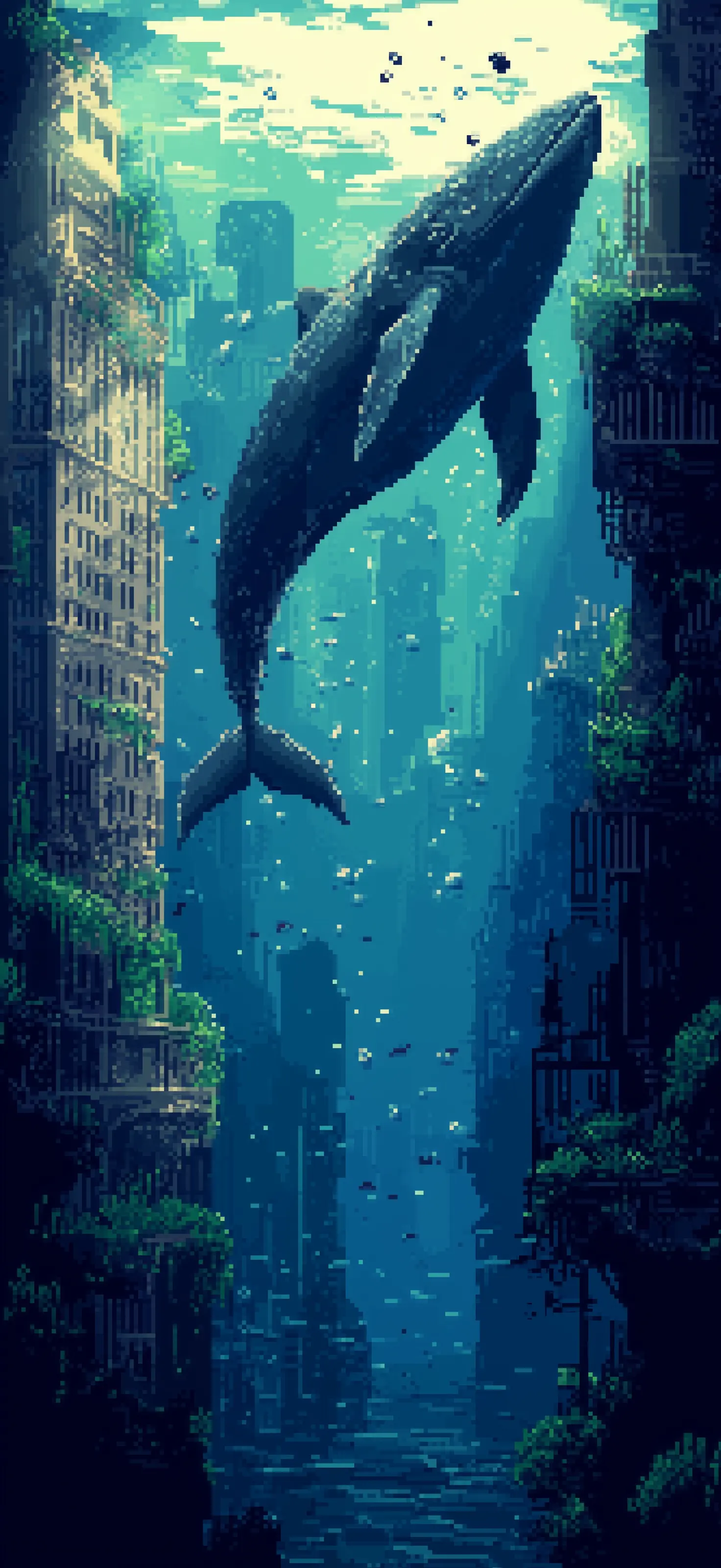 When cities sink and whales swim between skyscrapers, our civilization becomes a fairytale for ocean creatures Pixel art of blue whale swimming between sunken skyscrapers in underwater city with sunlight rays