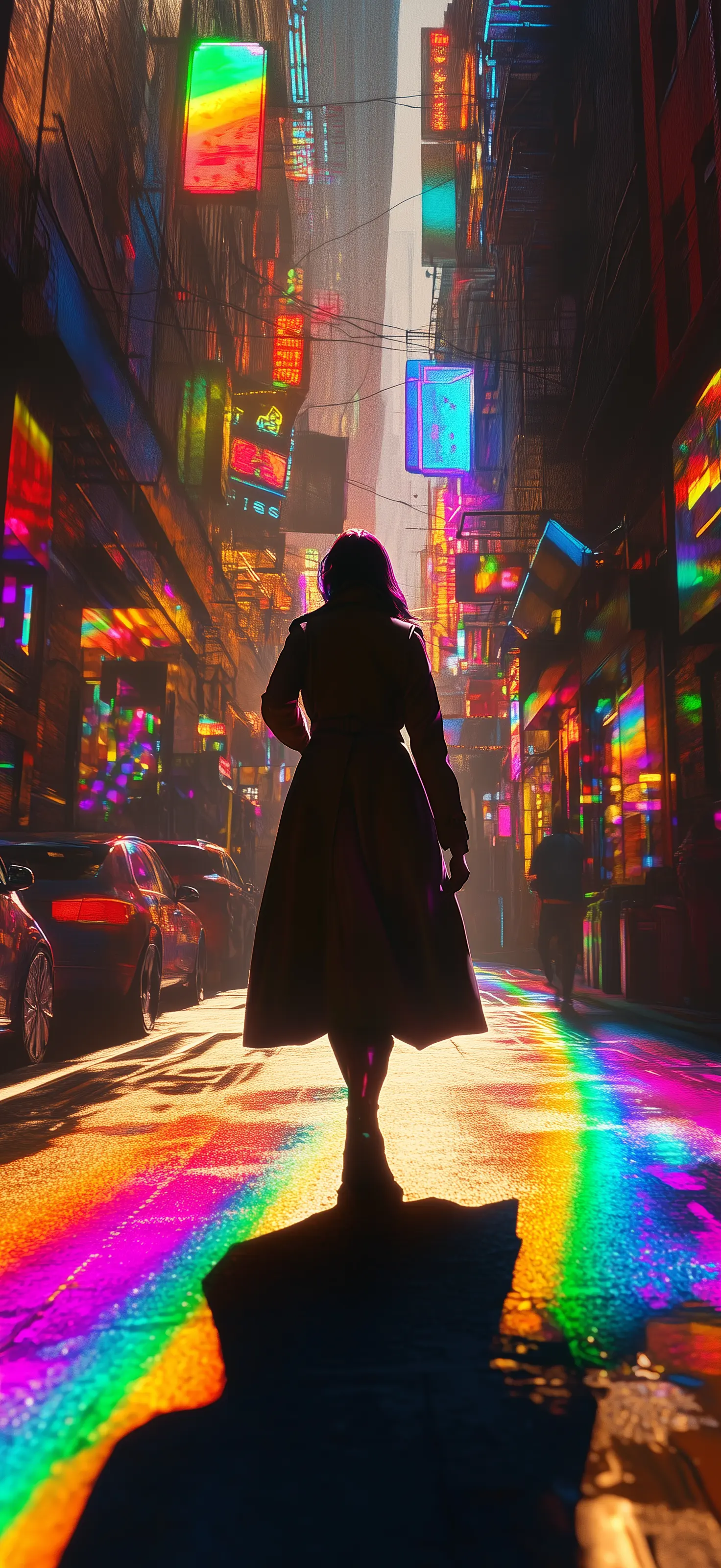 Between shadow and illumination, I found myself — a silhouette defined not by darkness but by the light I walk toward Silhouette of woman walking down cyberpunk street with vibrant rainbow neon lights reflecting on wet pavement
