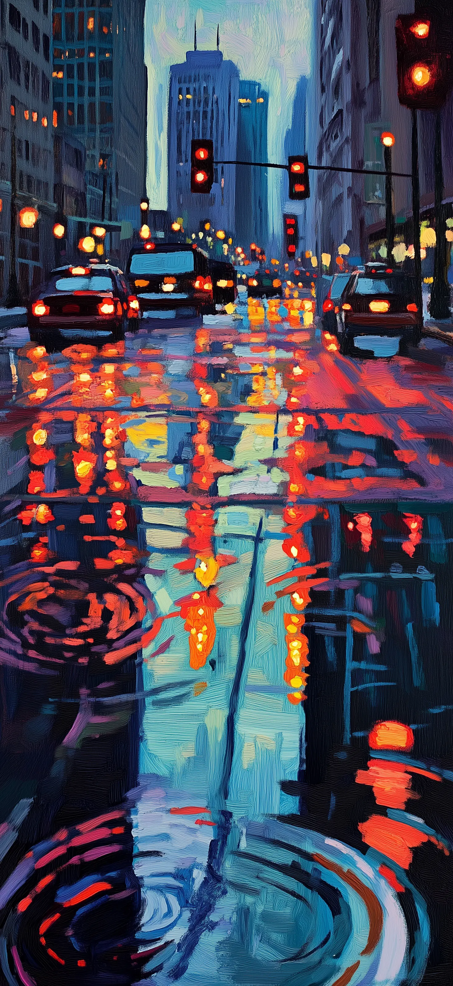 In that evening rain, I saw my soul fractured into countless pieces by intersecting light and shadow Impressionist painting of rainy downtown intersection with red traffic lights and car lights reflecting on wet blue pavement