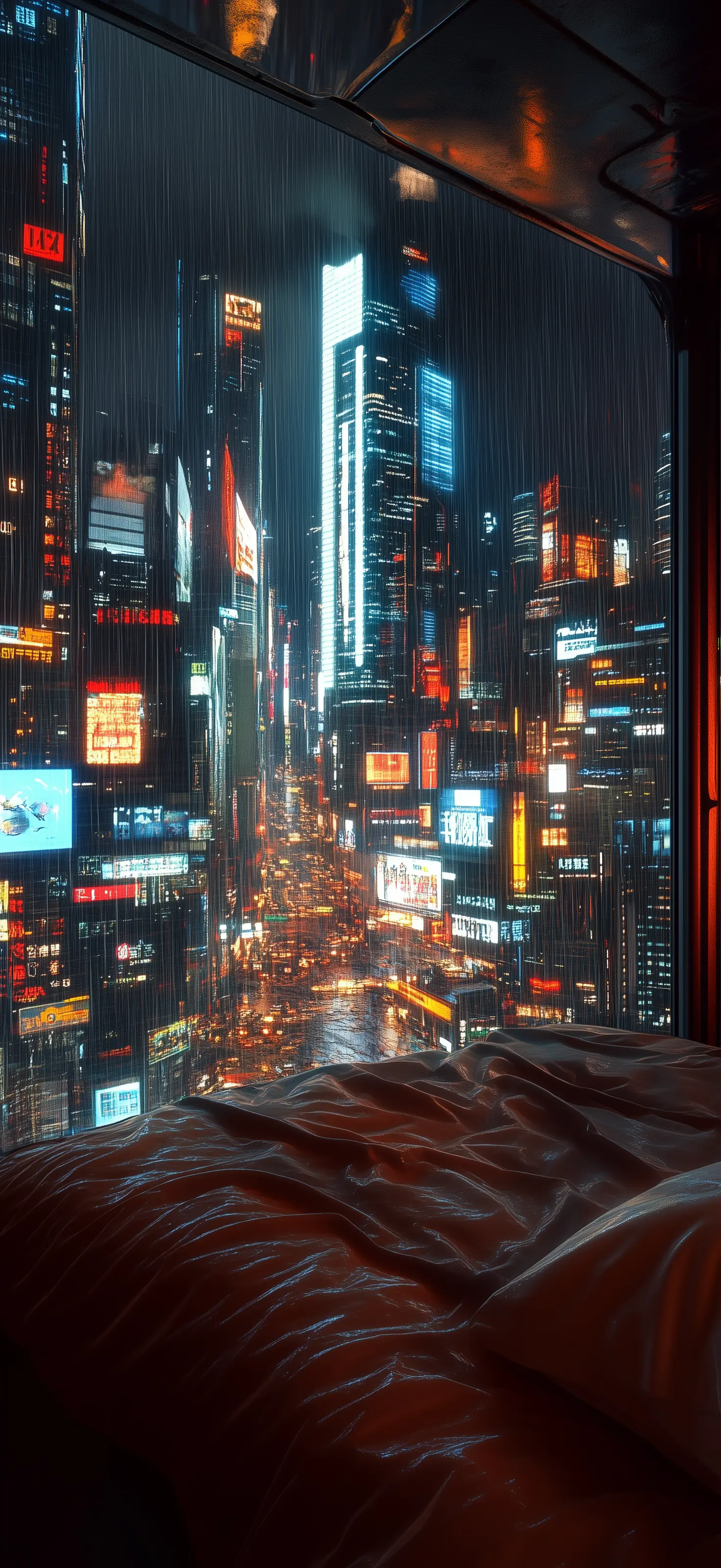 Where urban dreams shimmer behind veils of rain, and solitude finds comfort in the glow of a million distant lights. Rainy night cityscape view from cozy bed with neon-lit skyscrapers through rain-streaked window