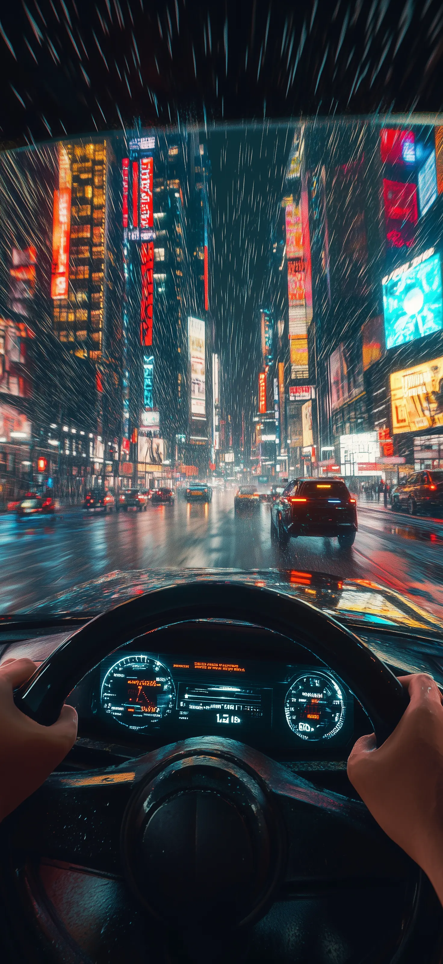 Hands on wheel, eyes on tomorrow—this moment of motion between destinations is where I feel most like myself First-person view driving through rainy city at night with neon billboards and digital dashboard
