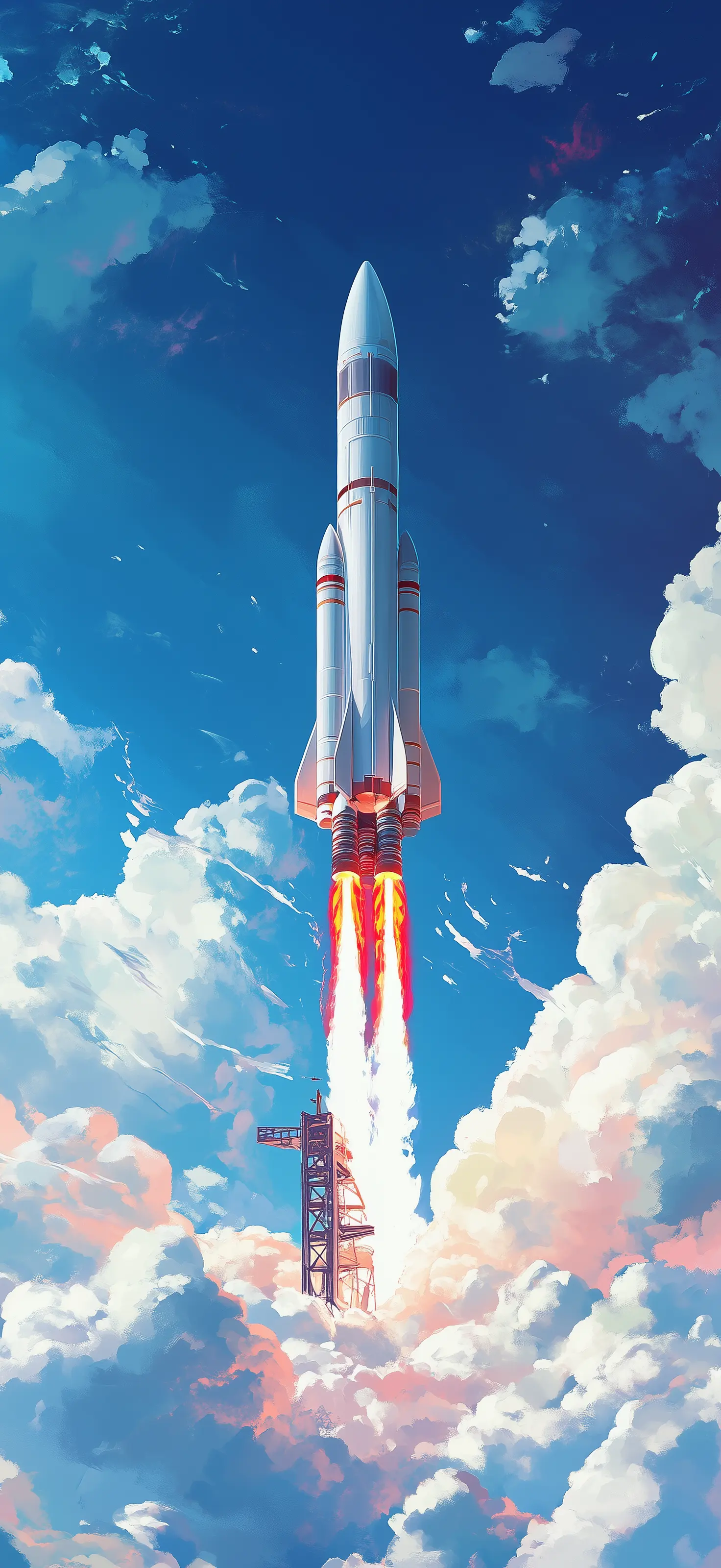 I count down the seconds until I am no longer a prisoner of a single world, until my spirit becomes as boundless as the universe itself White and red rocket launching through vibrant blue sky with billowing clouds and fiery engines