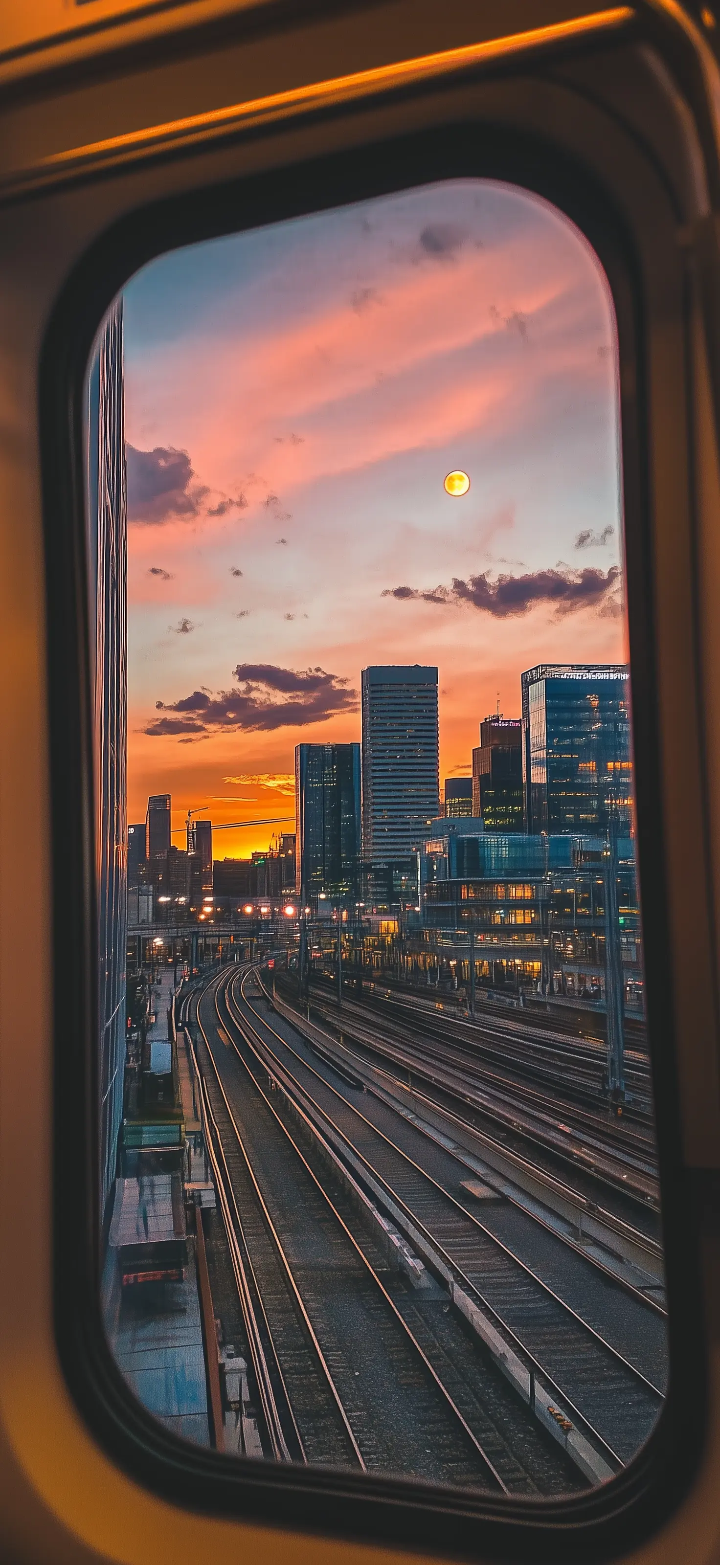 Rails carry partings and reunions, but the sunset outside tells me that endings are as beautiful as beginnings Train window view of sunset over city skyline with railway tracks leading to modern skyscrapers