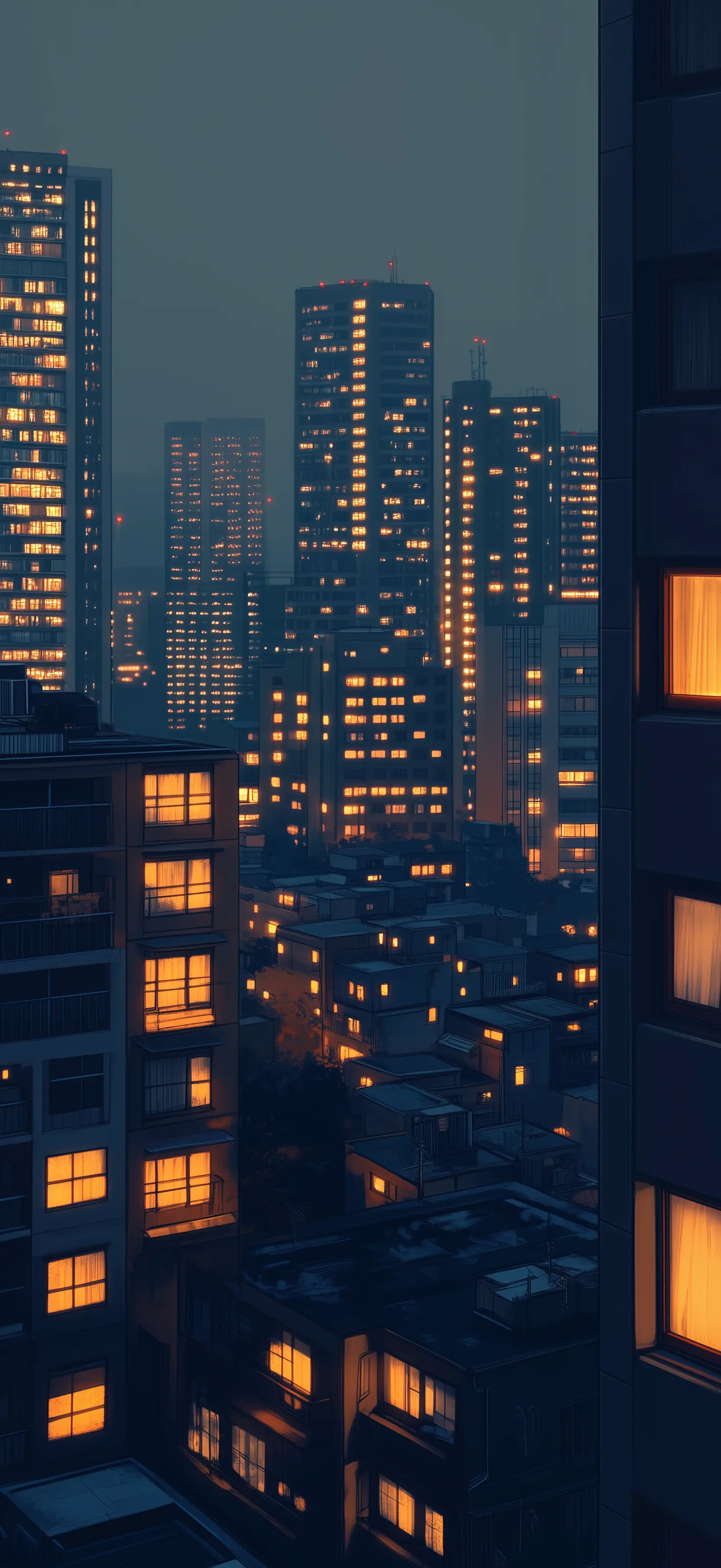 The city gently embraces a million different nights, each window a different story, a different life City skyline at twilight with illuminated apartment windows glowing warm orange against blue night sky