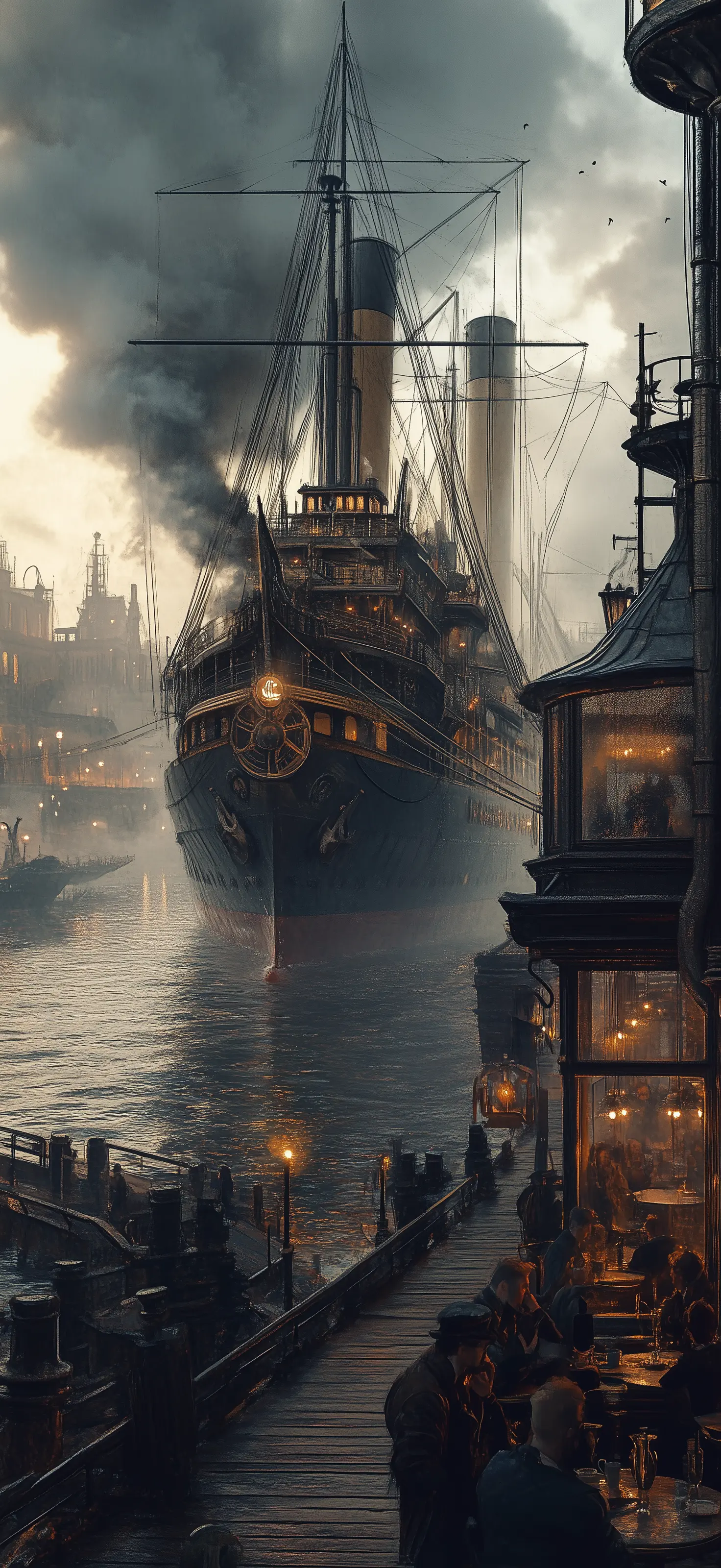 In those days of intertwined steel and steam, the ocean was no longer a secret, but the journey itself became legend Large vintage steamship with twin smokestacks docked in foggy harbor with illuminated waterfront pub